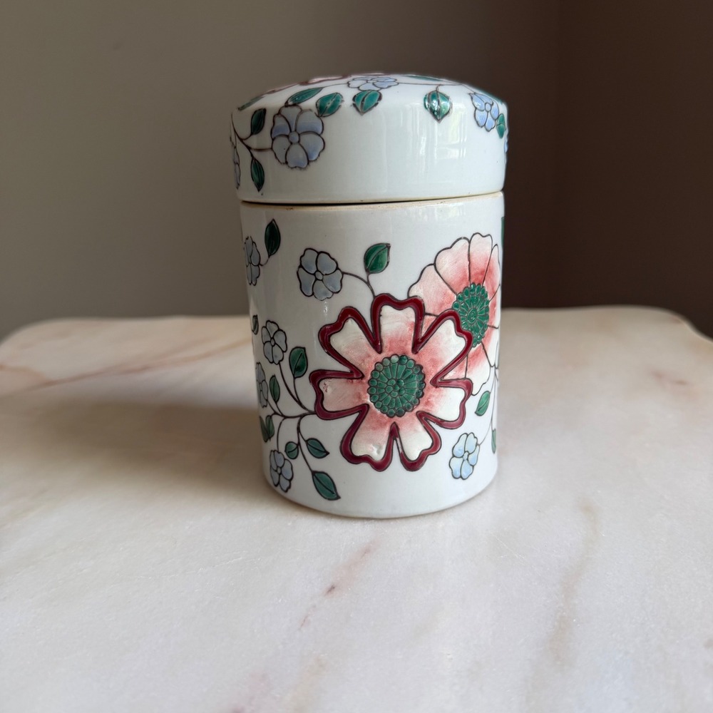 Vintage Floral Ceramic Ginger Jar Tea Caddy Hand Painted Pink Blue White Lid